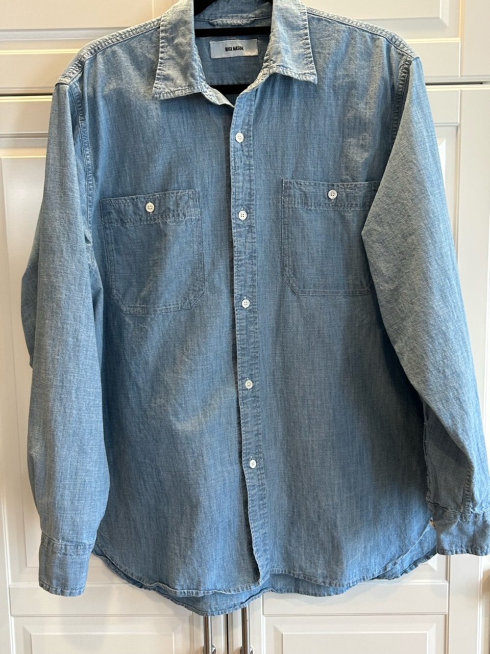 Buck Mason Light Blue Denim Shirt with Label Detail